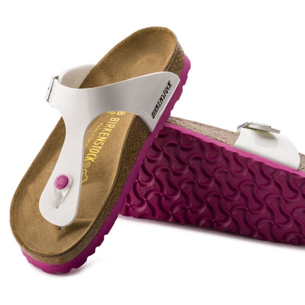 Birkenstock White Thong Sandals with Pink Magenta Soles